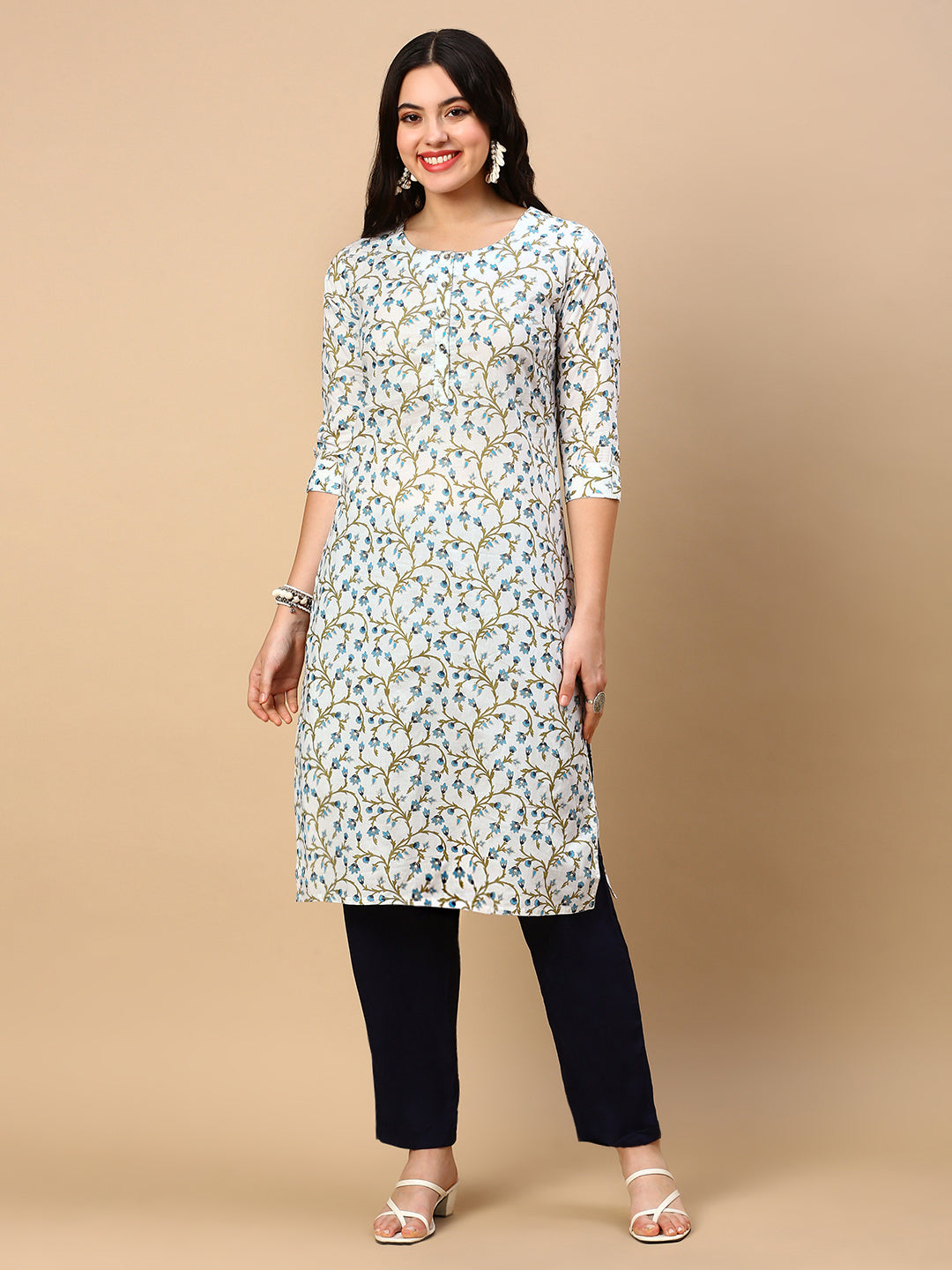 Women White Floral Straight Kurta