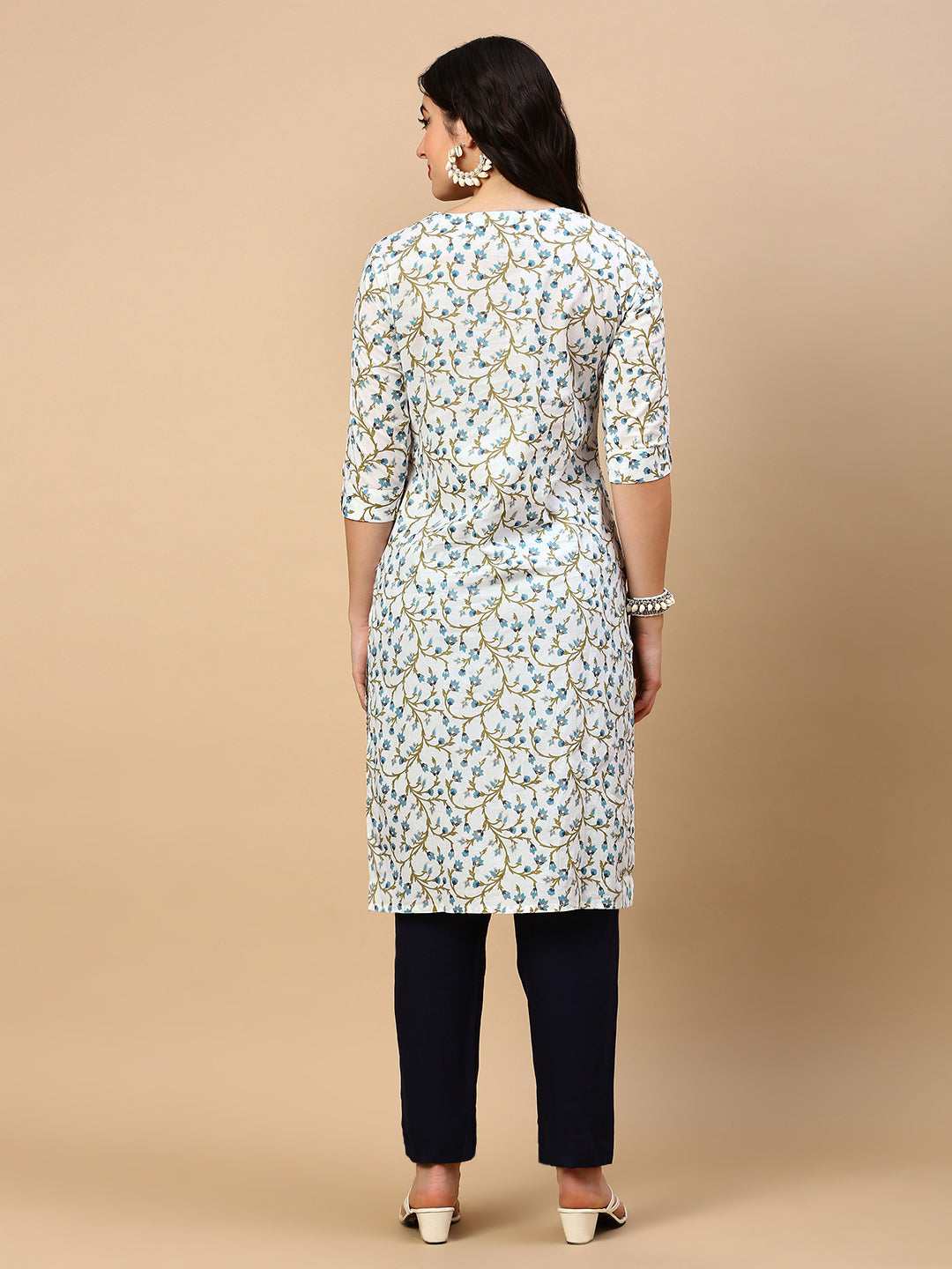 Women White Floral Straight Kurta