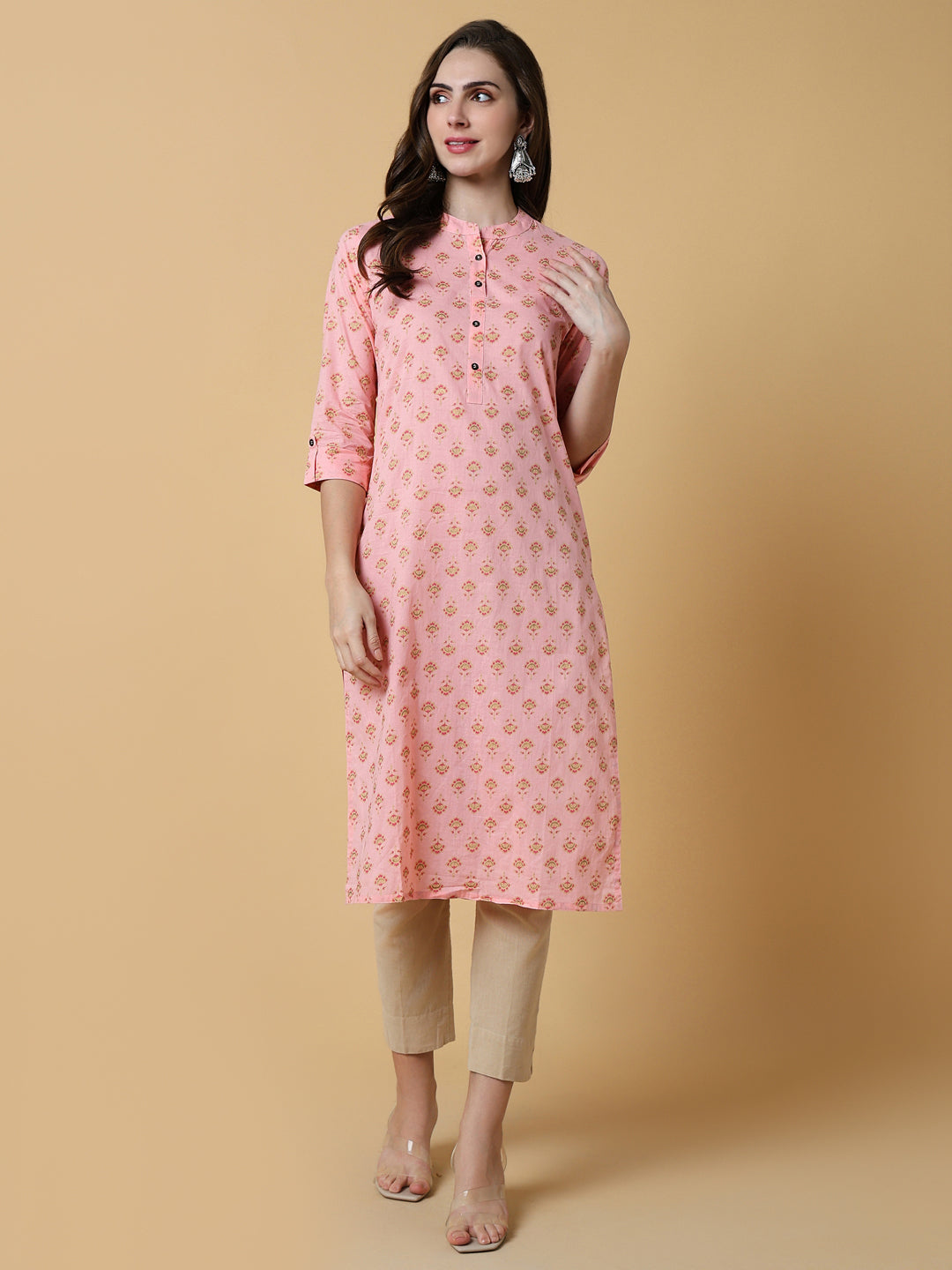 Women Pink Floral Straight Kurta