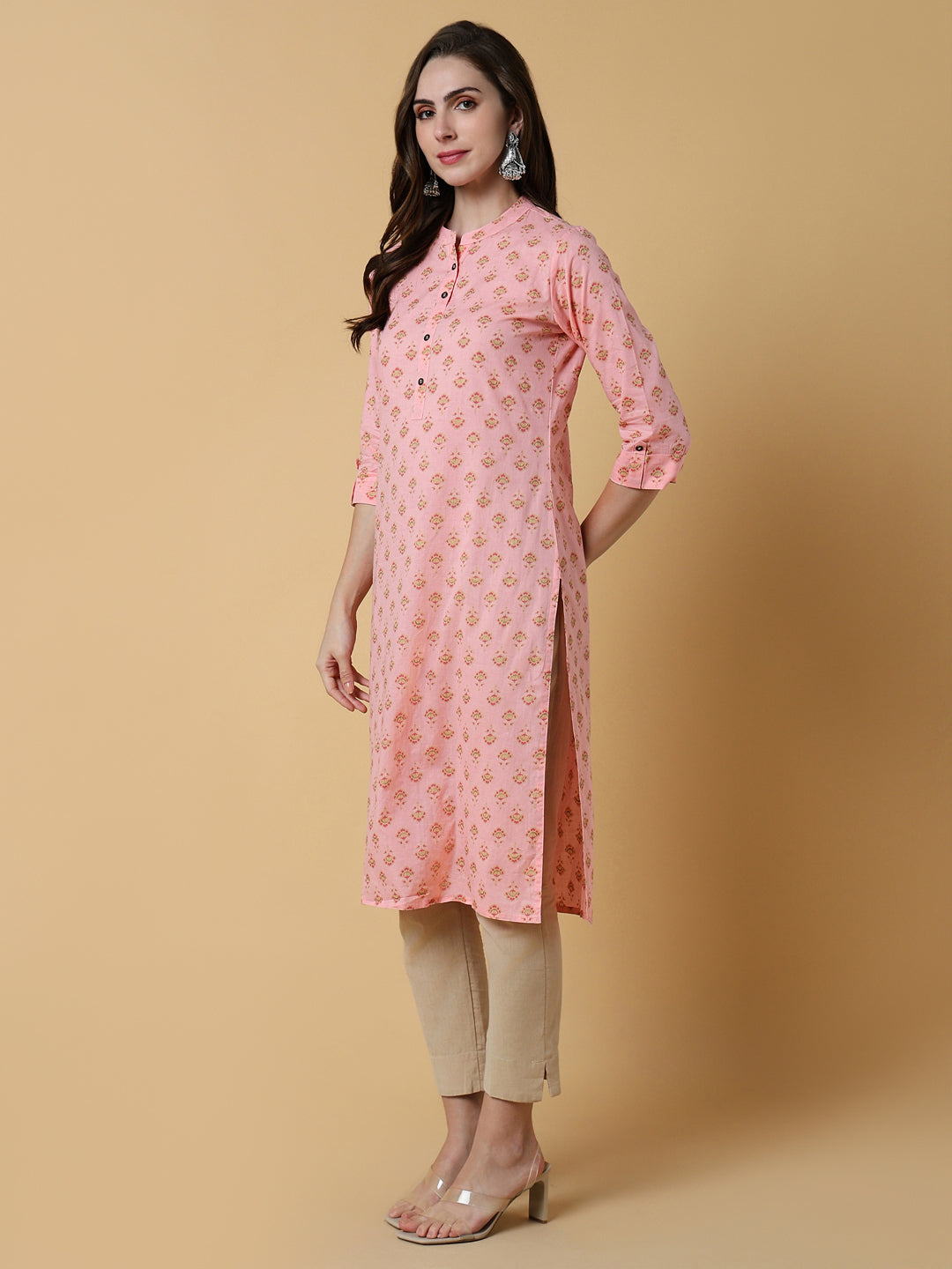 Women Pink Floral Straight Kurta