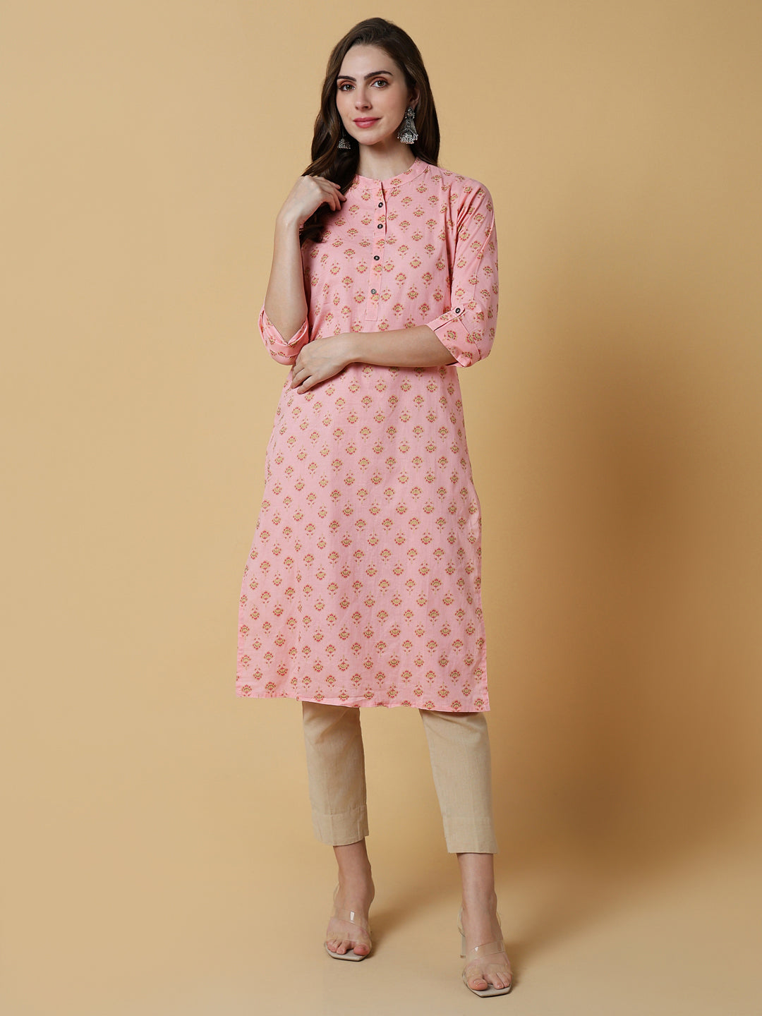 Women Pink Floral Straight Kurta