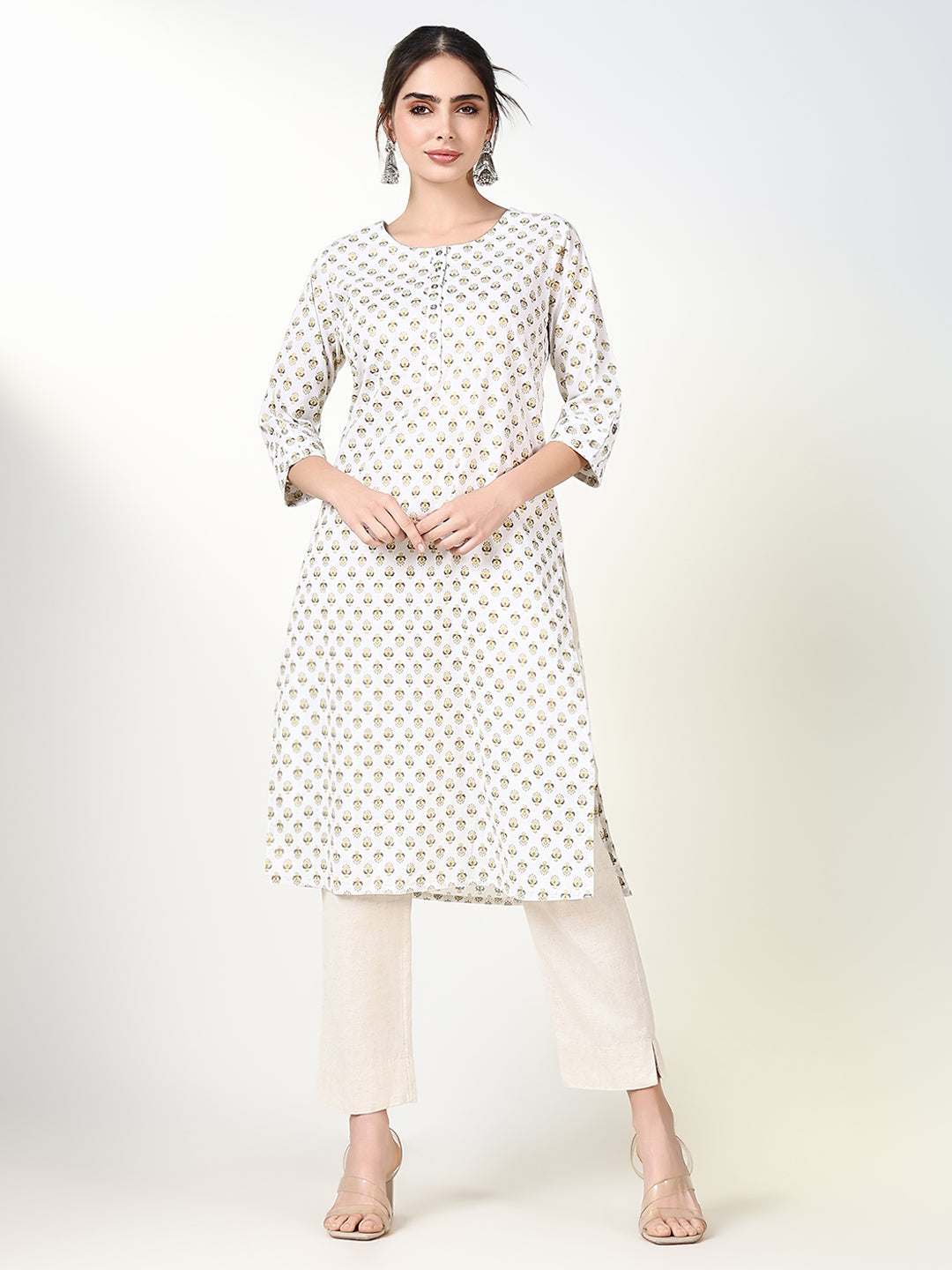 Women White Floral Straight Kurta