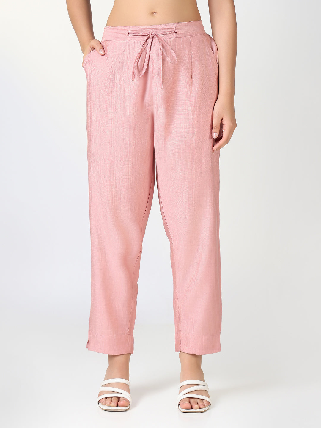 Women Solid Peach Slim Fit Trousers