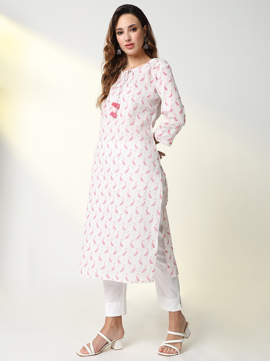 Women White Animal Print Straight Kurta