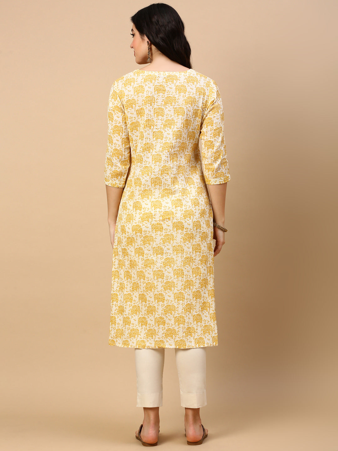 Women Yellow Graphic Straight Kurta