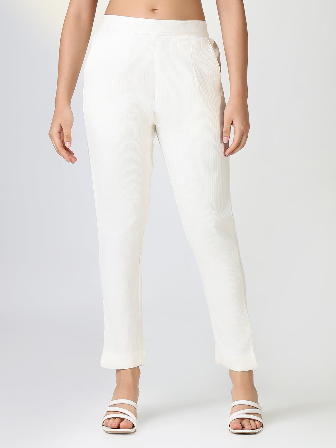 Women Solid Cream Slim Fit Cigarette Trousers