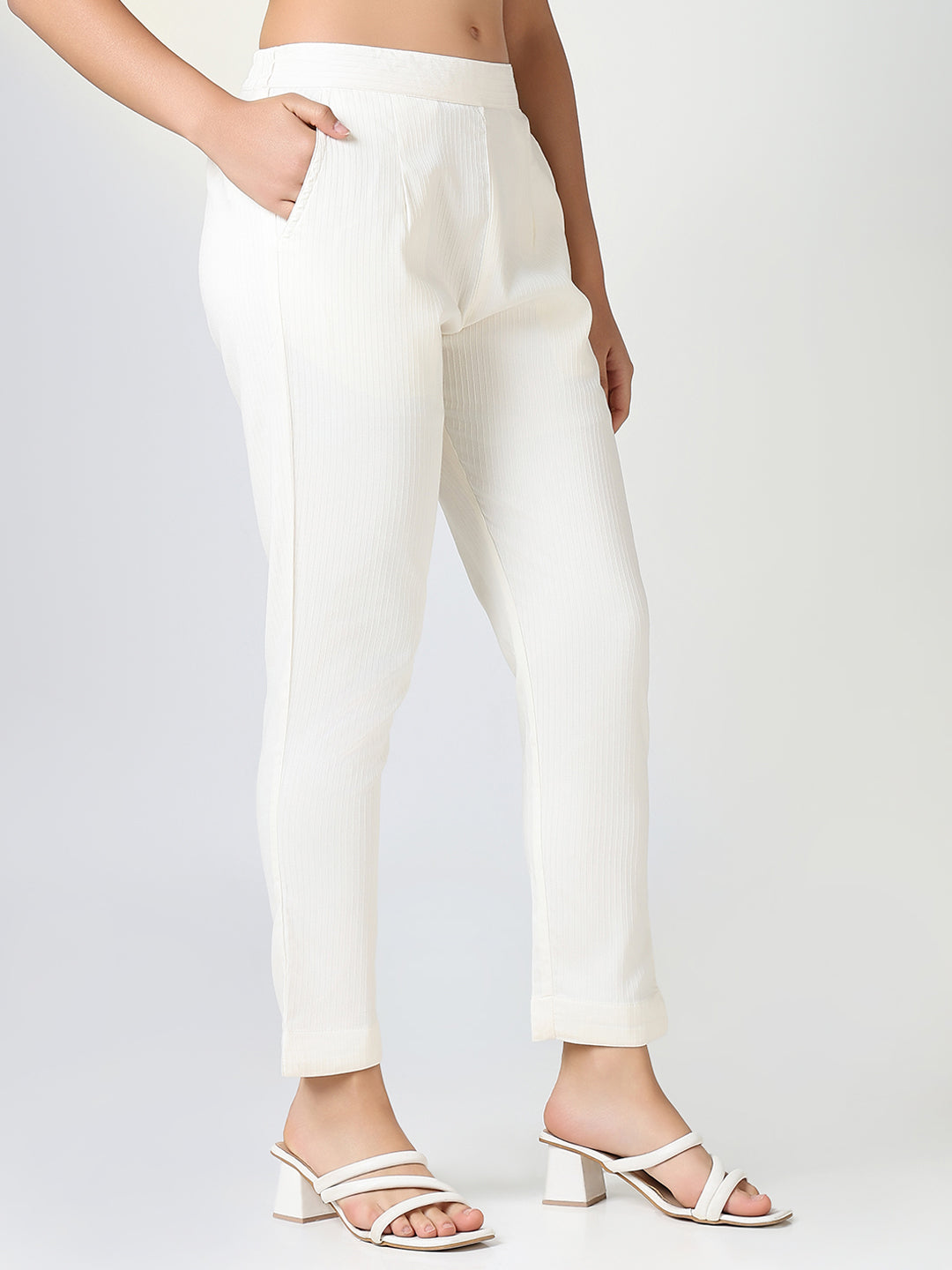 Women Solid Cream Slim Fit Cigarette Trousers