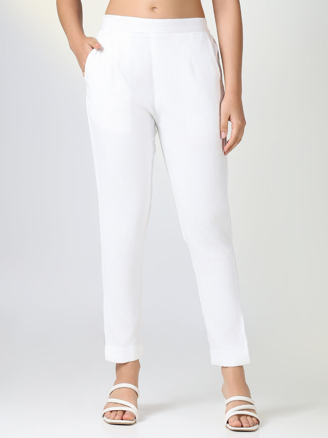 Women Solid White Slim Fit Cigarette Trousers