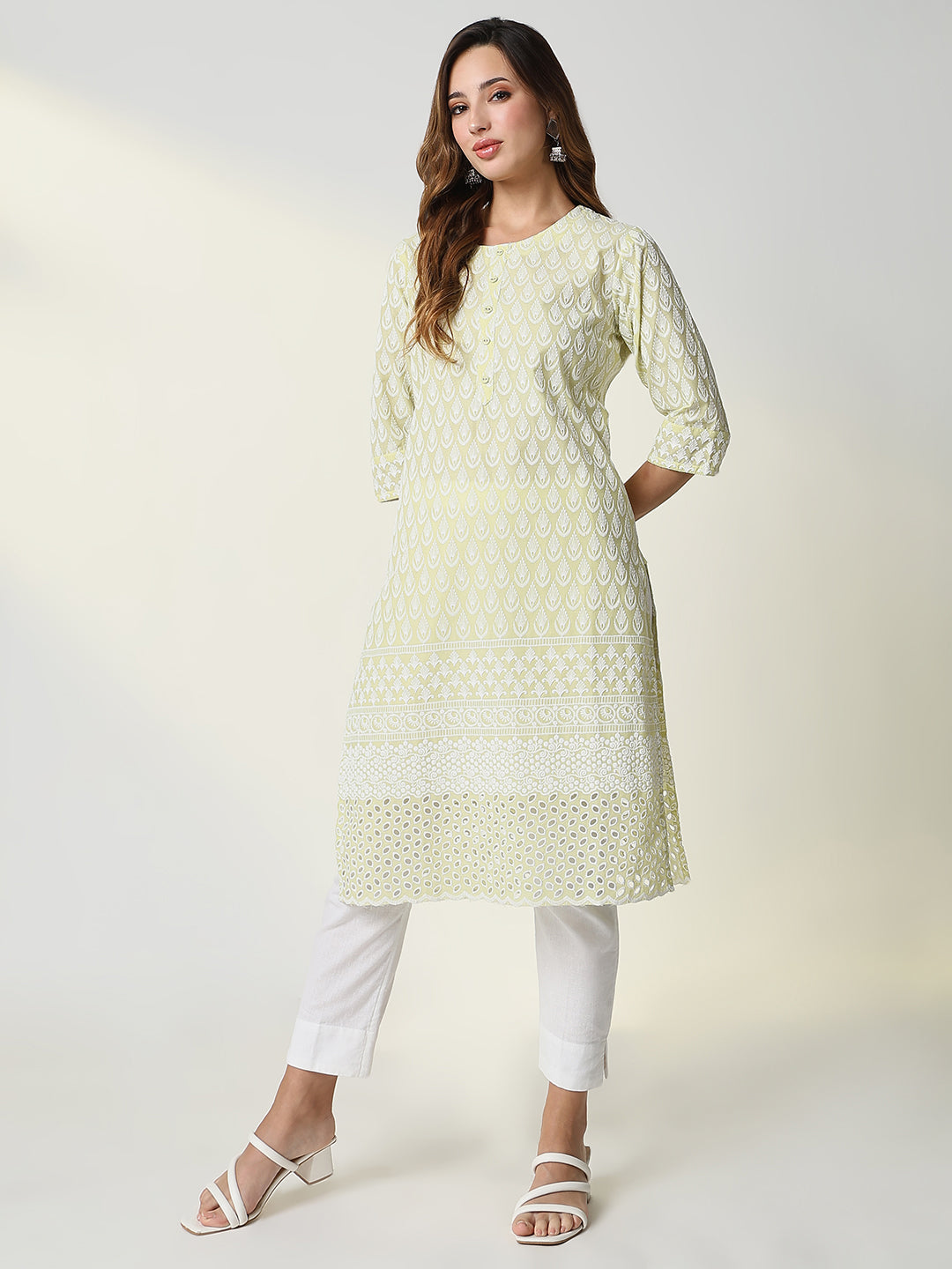 Women Yellow Embroidered Straight Kurta