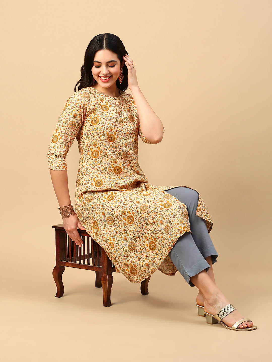 Women Yellow Floral A Line Kurta