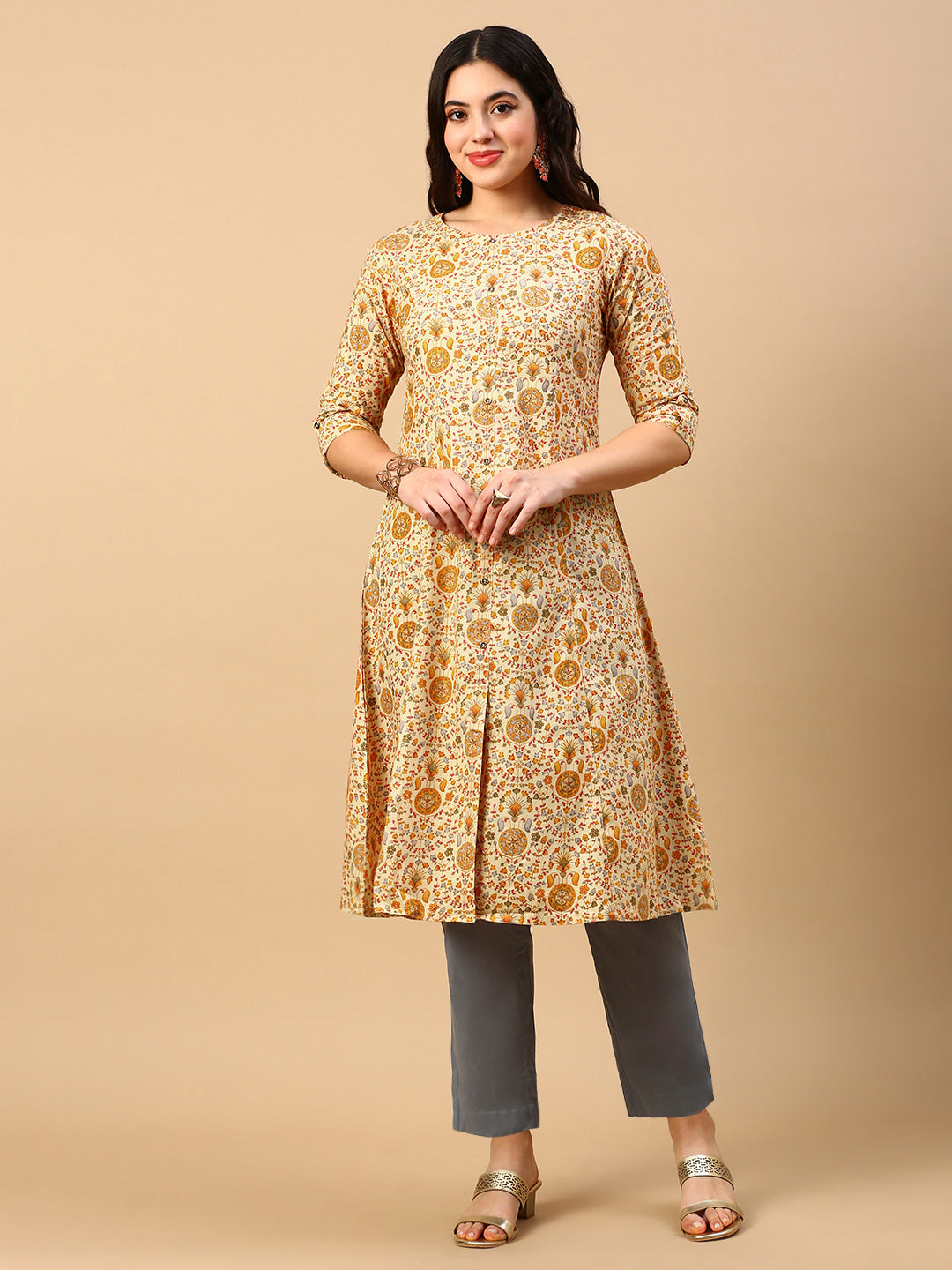 Women Yellow Floral A Line Kurta