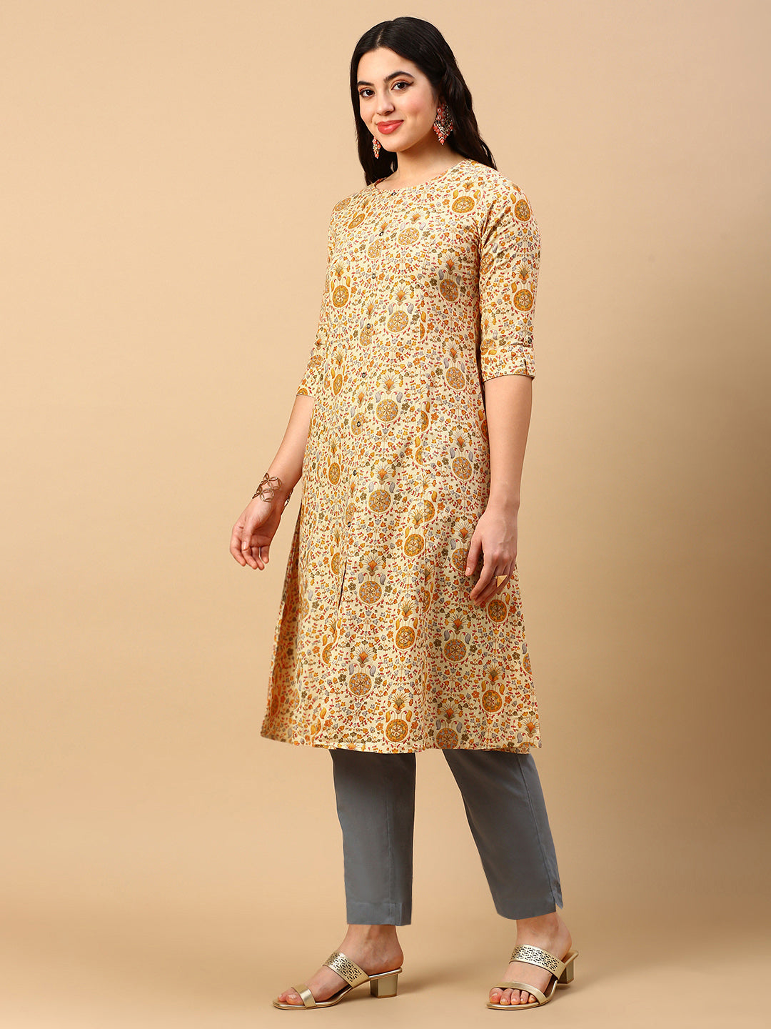 Women Yellow Floral A Line Kurta