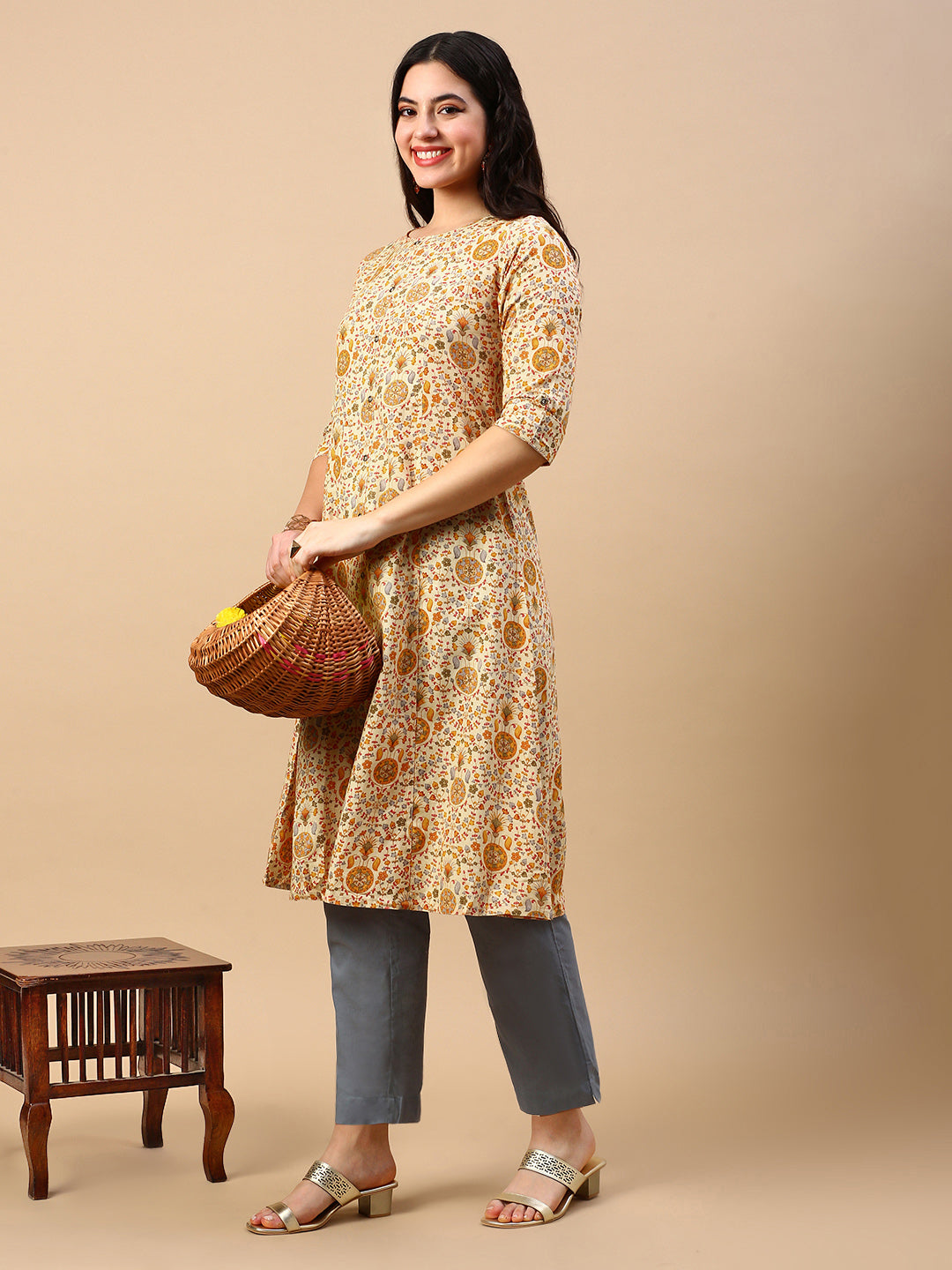 Women Yellow Floral A Line Kurta