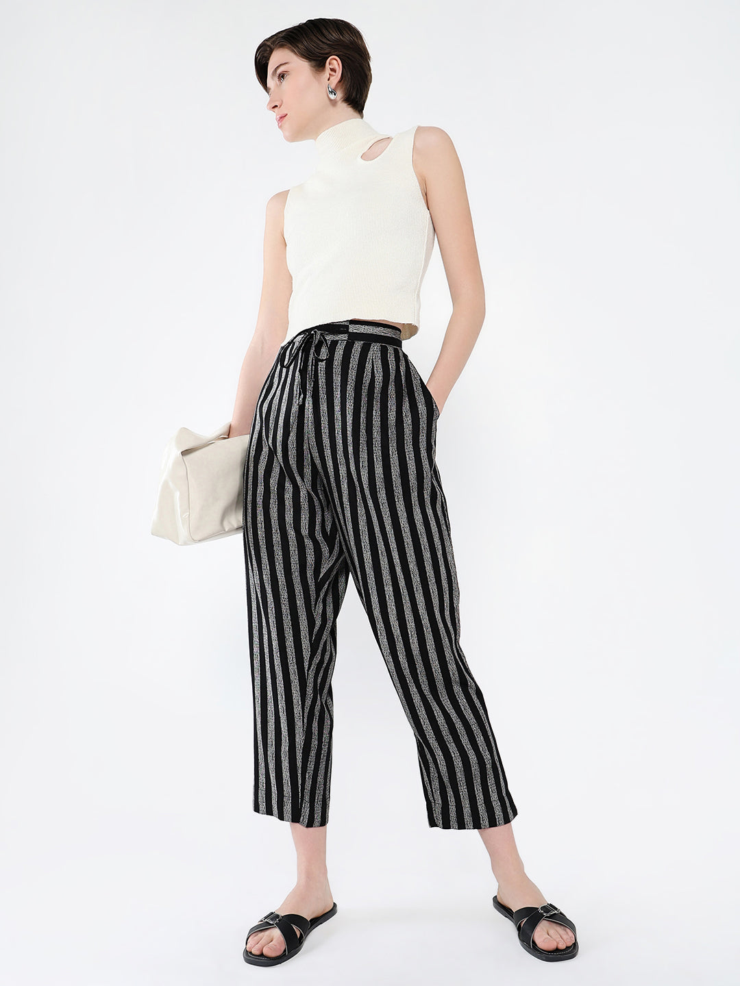 Women Black Striped Cropped Peg Trousers