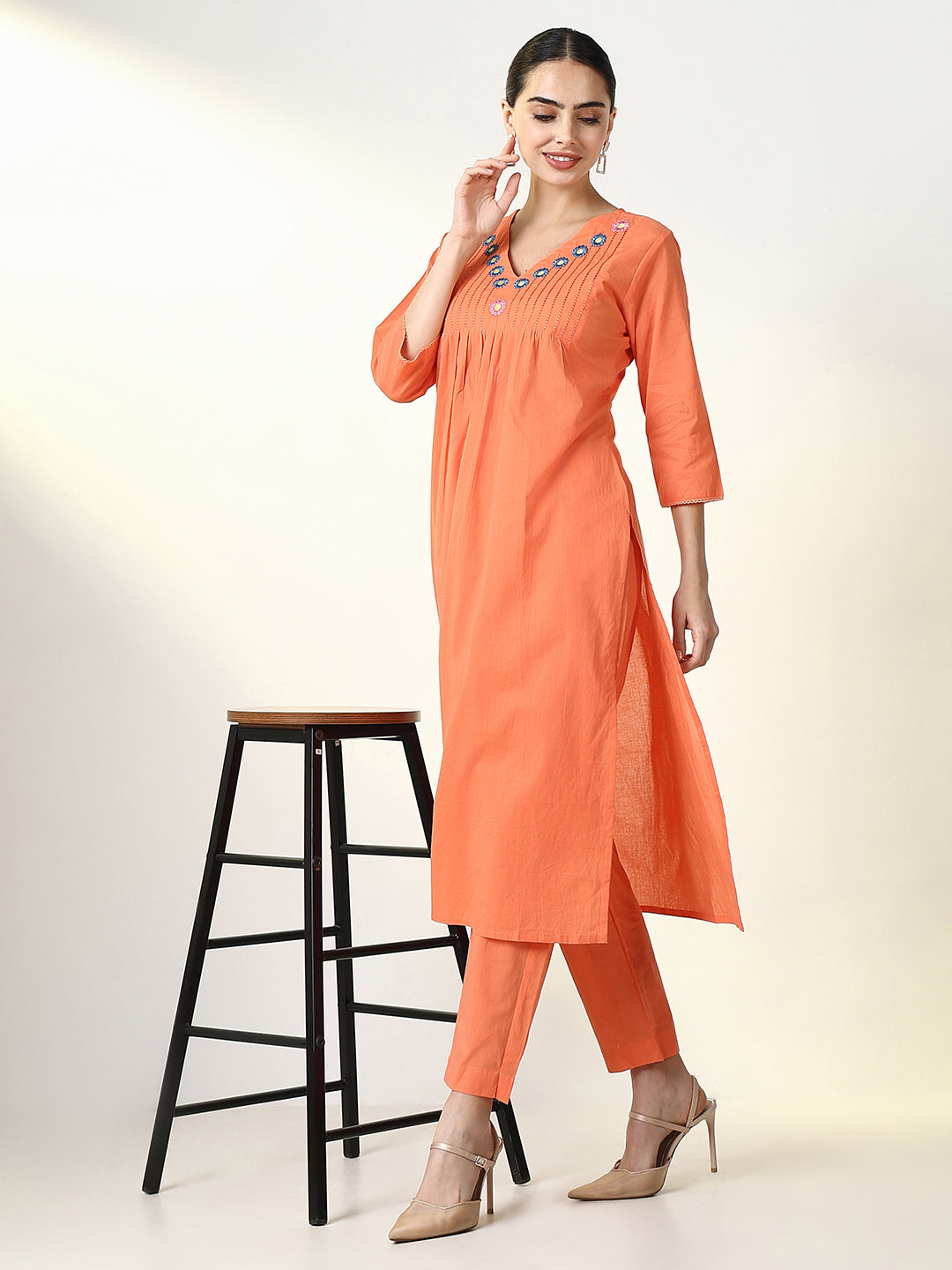 Women Solid Orange A Line Kurta Set