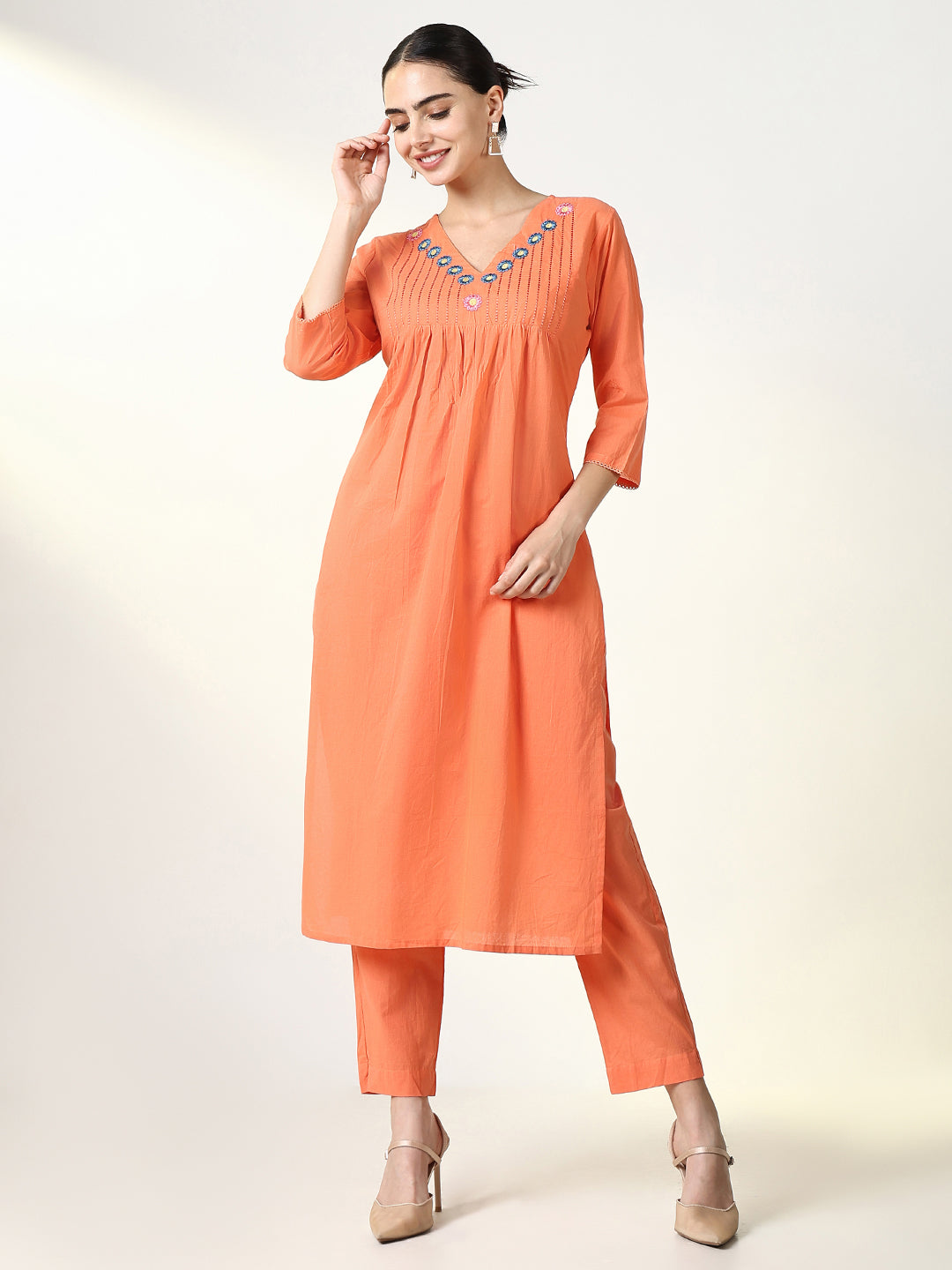 Women Solid Orange A Line Kurta Set