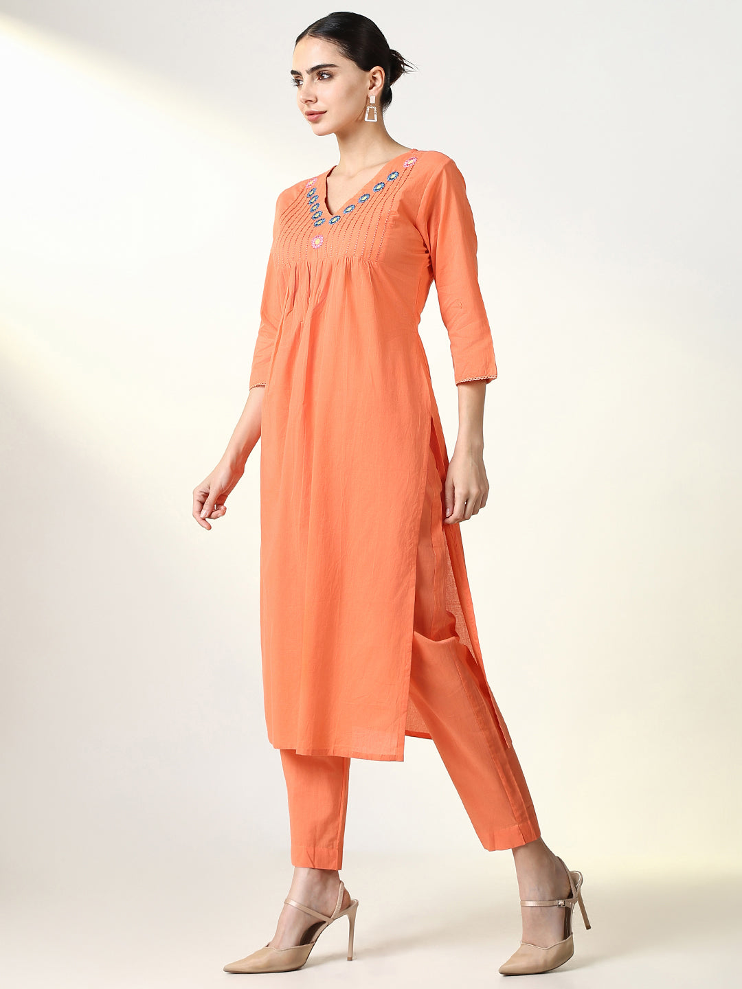 Women Solid Orange A Line Kurta Set