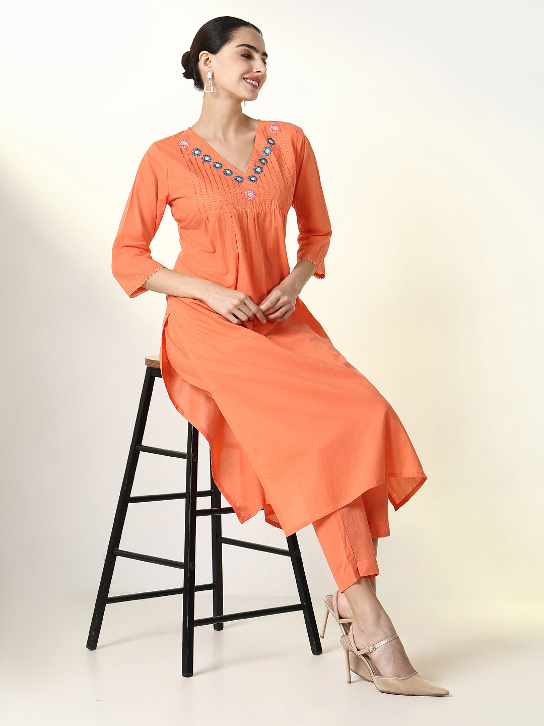 Women Solid Orange A Line Kurta Set