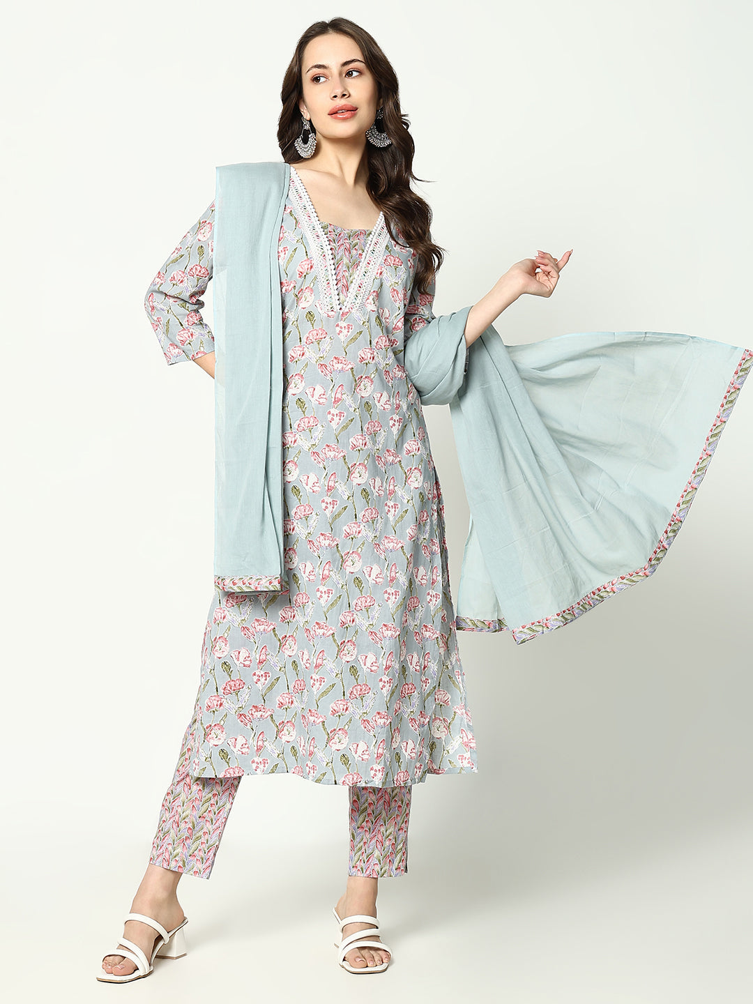 Women Floral Sea Green Kurta Set with Dupatta