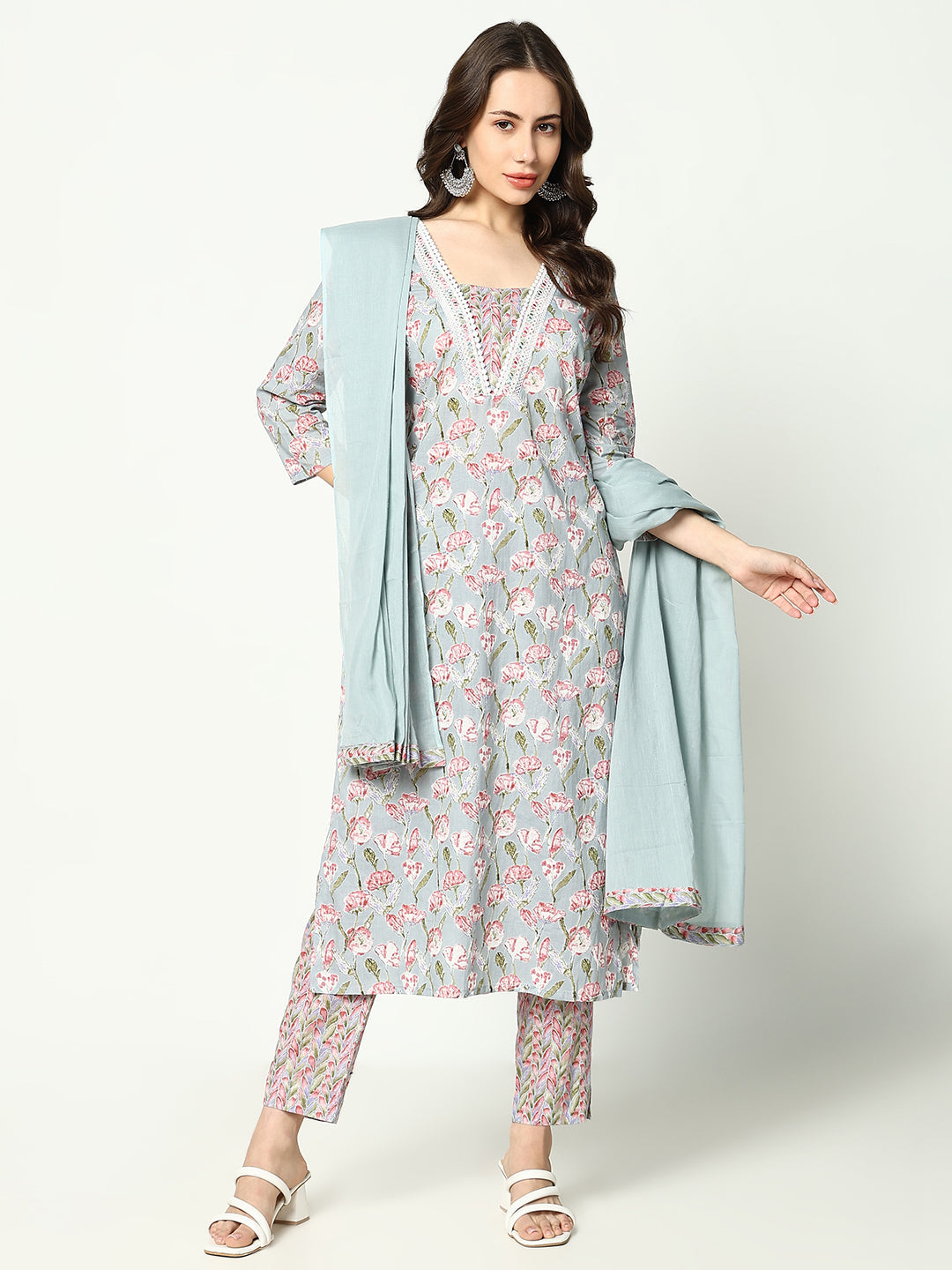 Women Floral Sea Green Kurta Set with Dupatta