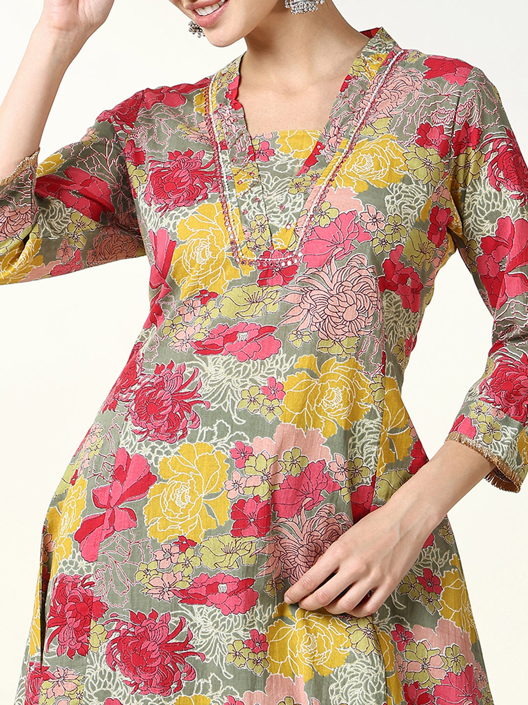 Women Floral Green A Line Kurta Set with Dupatta