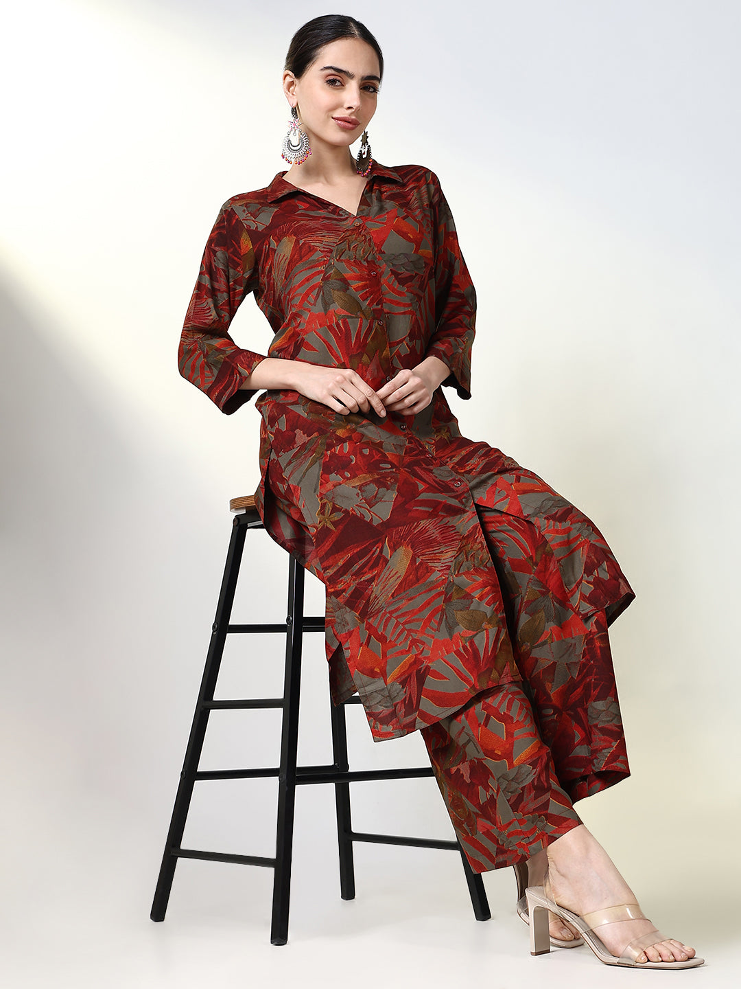 Women Floral Rust A Line Kurta Set