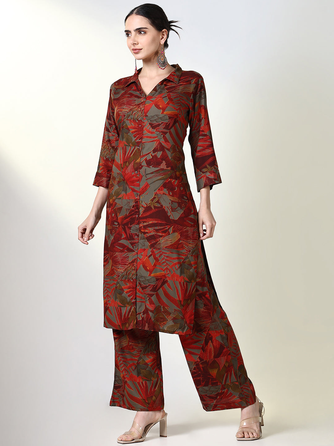 Women Floral Rust A Line Kurta Set