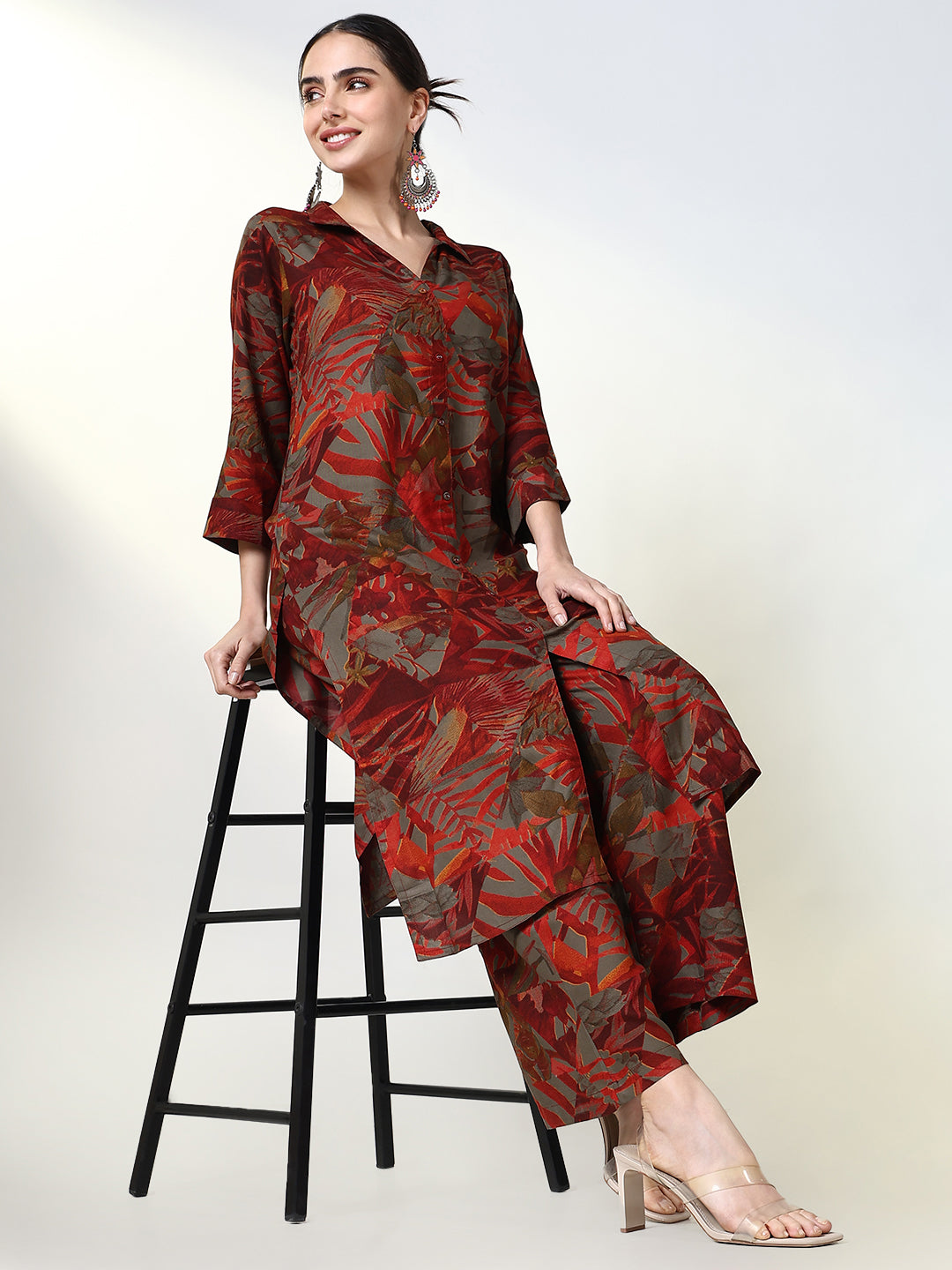 Women Floral Rust A Line Kurta Set