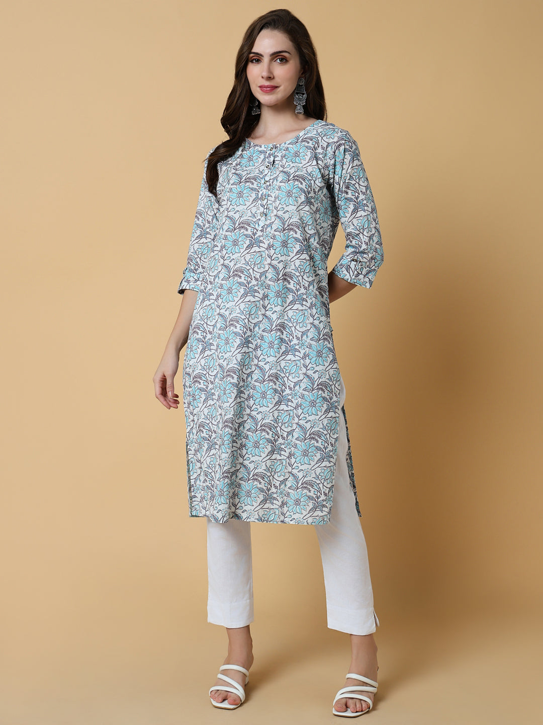 Women Blue Floral Straight Kurta