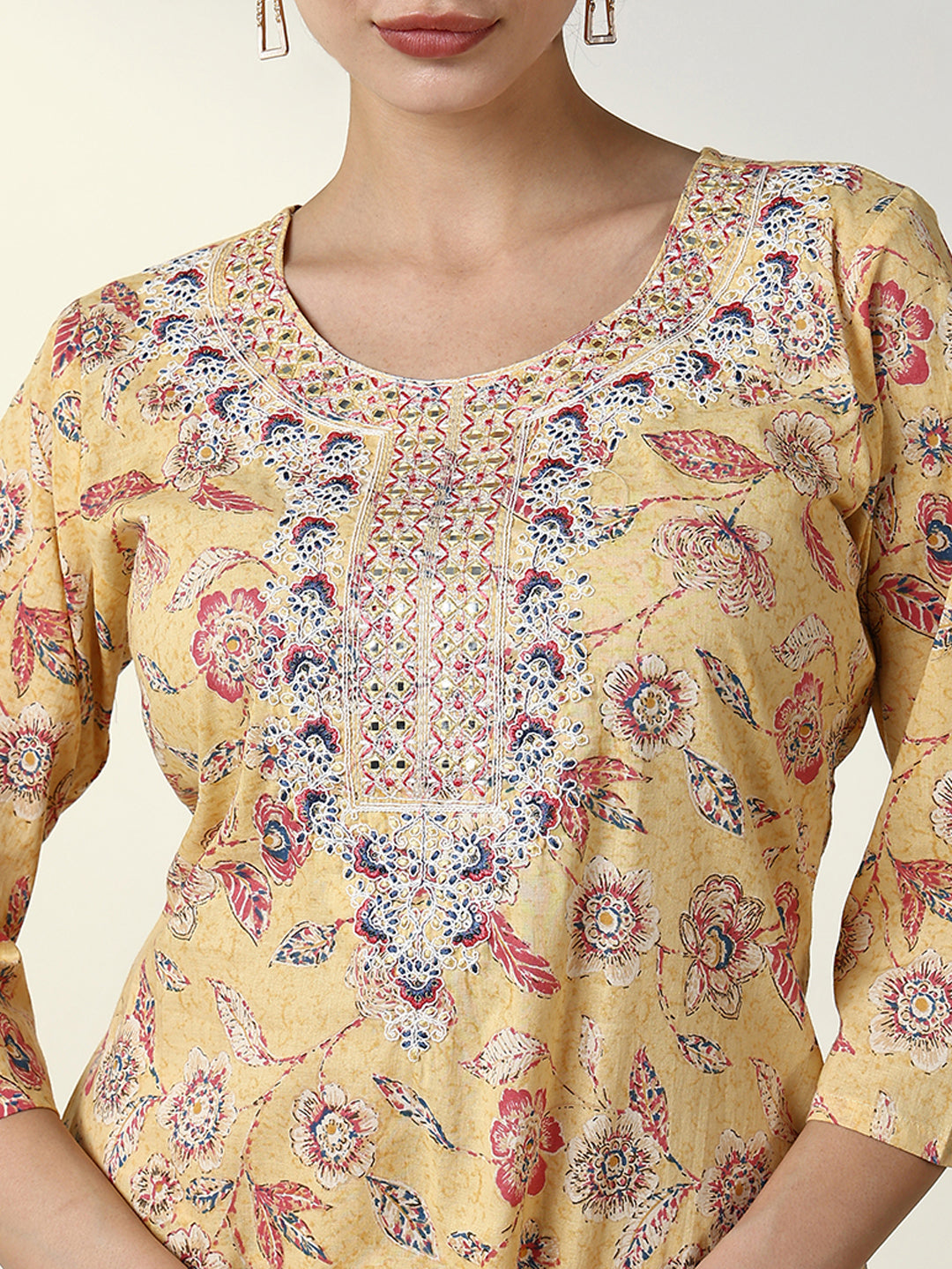 Women Floral Yellow Straight Kurta Set with Dupatta