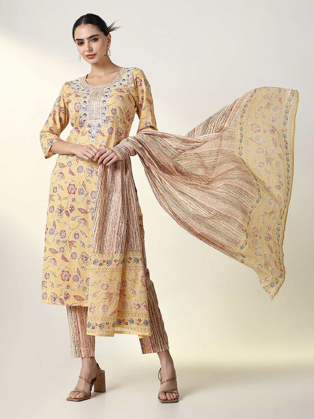 Women Floral Yellow Straight Kurta Set with Dupatta