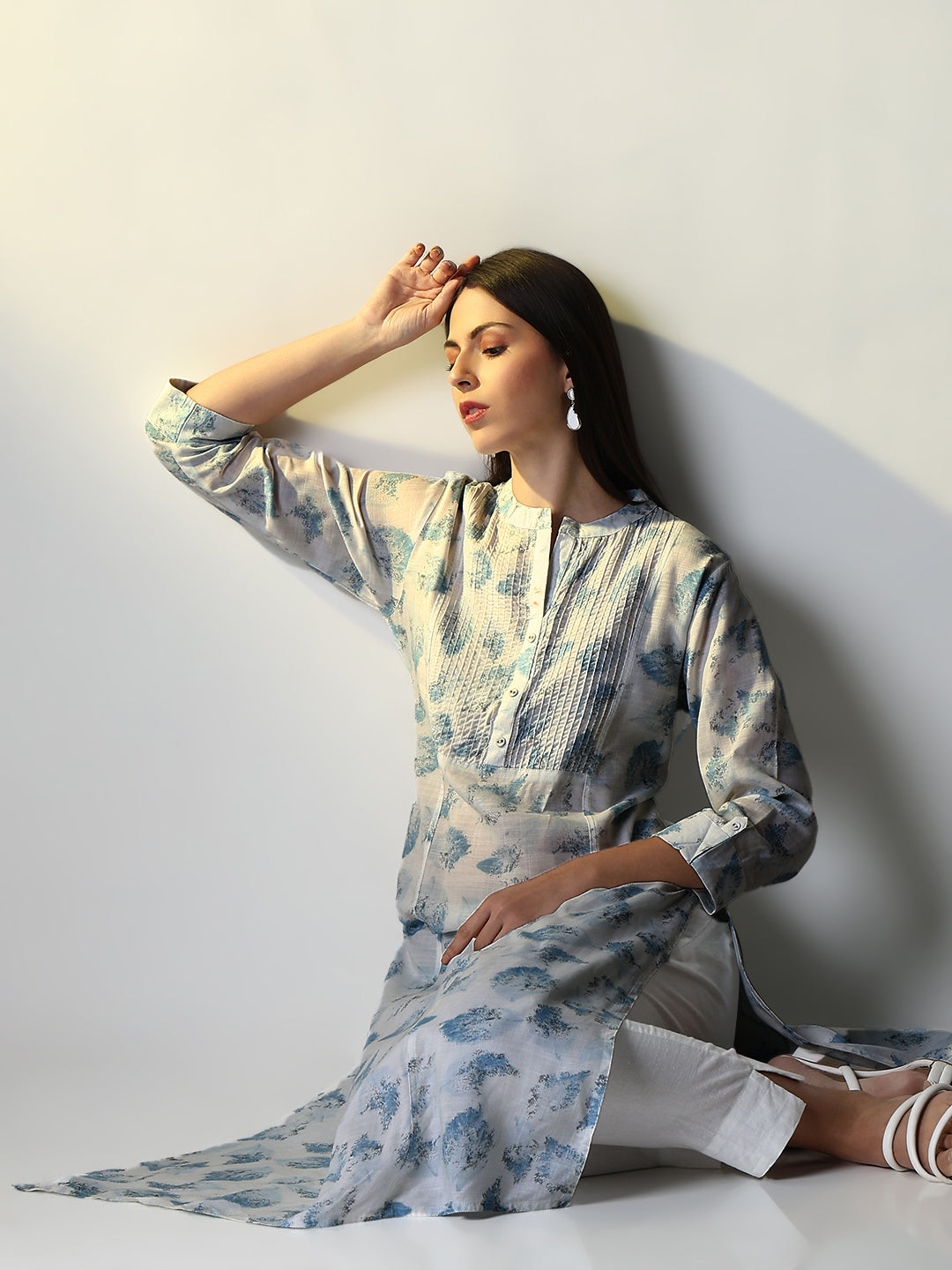 Women White Abstract A Line Kurta