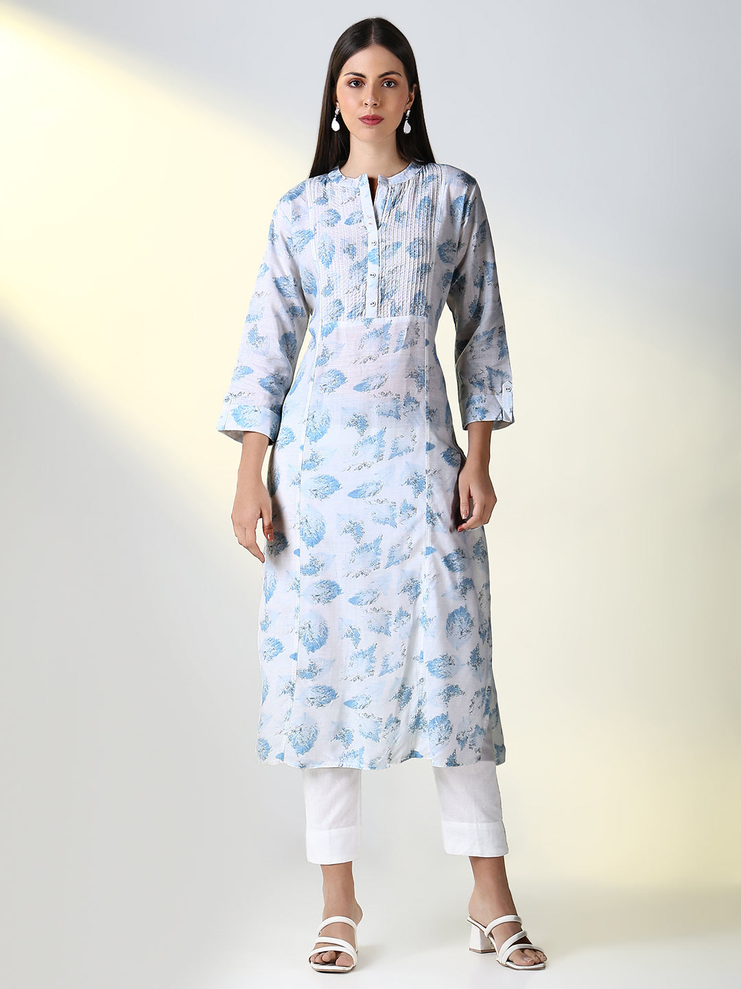 Women White Abstract A Line Kurta