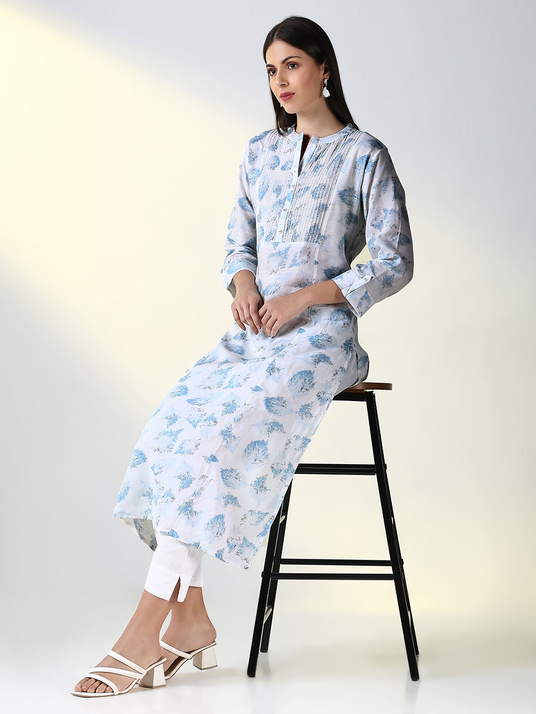 Women White Abstract A Line Kurta