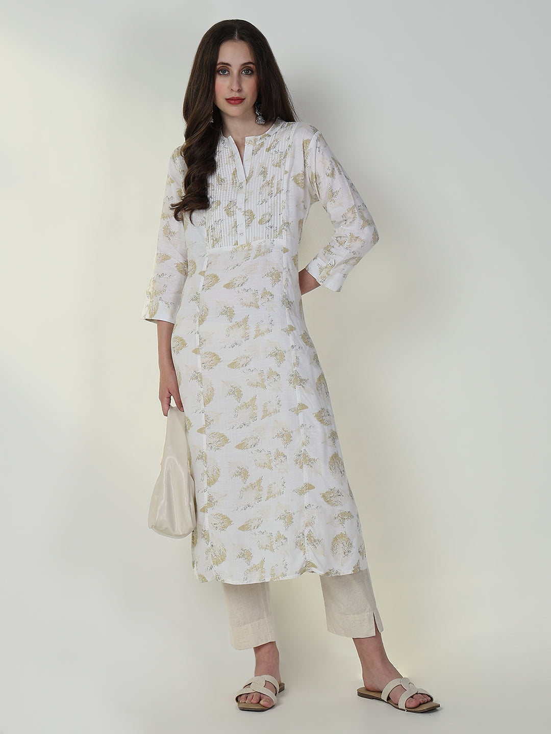 Women White Abstract A Line Kurta