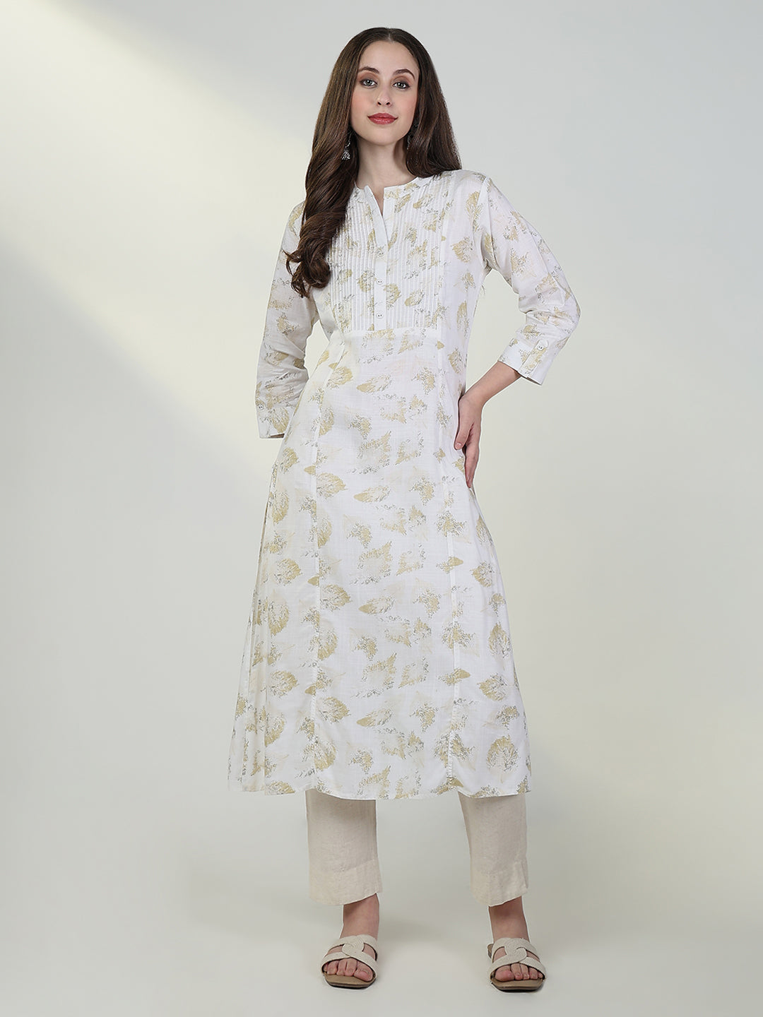 Women White Abstract A Line Kurta