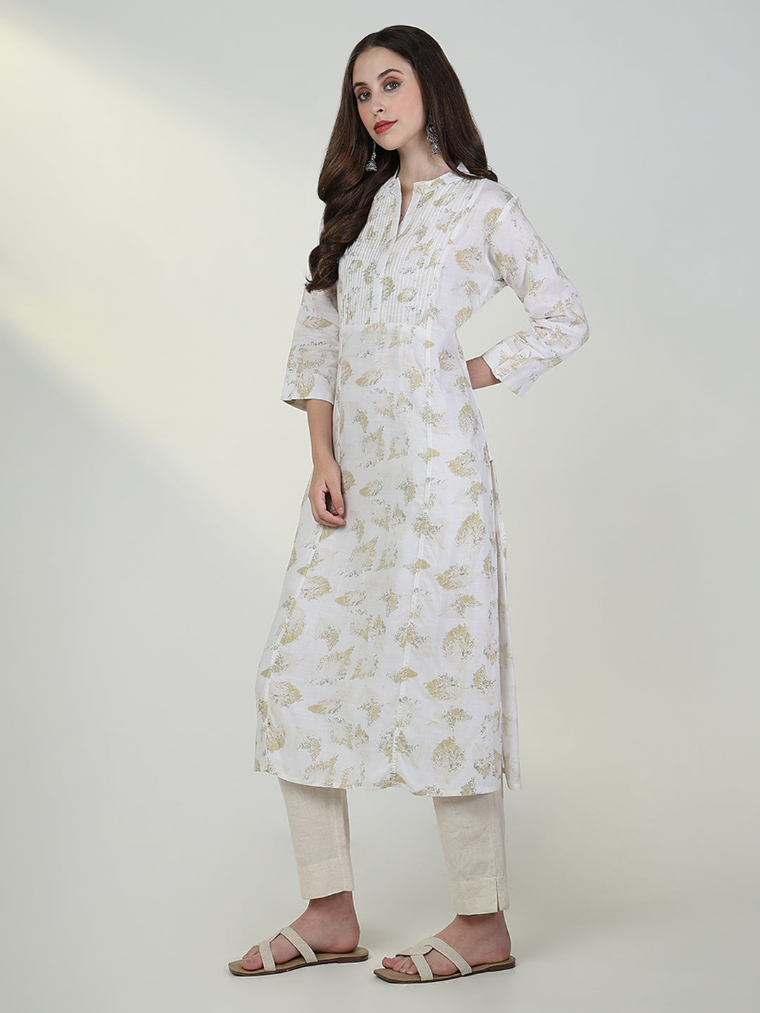 Women White Abstract A Line Kurta