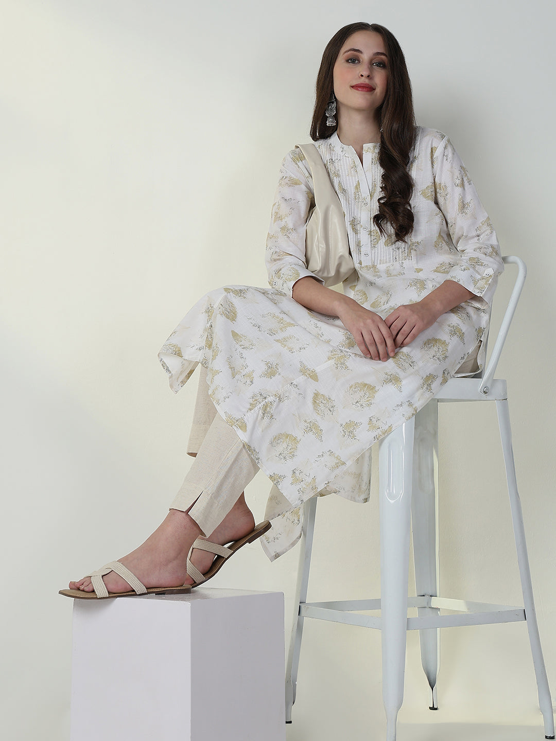 Women White Abstract A Line Kurta