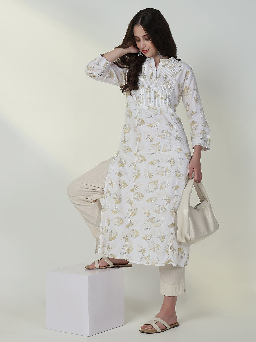 Women White Abstract A Line Kurta