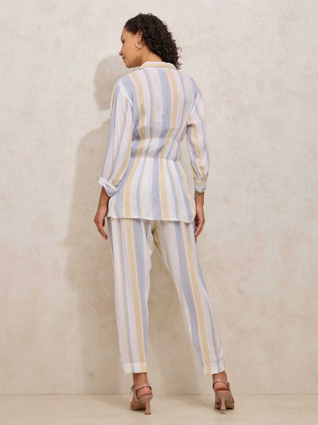 Women's Vertical Stripe White Shirt Style Co-ords Set