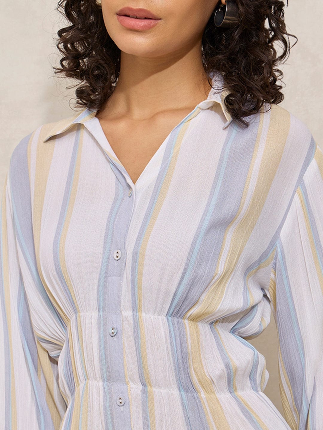 Women's Vertical Stripe White Shirt Style Co-ords Set