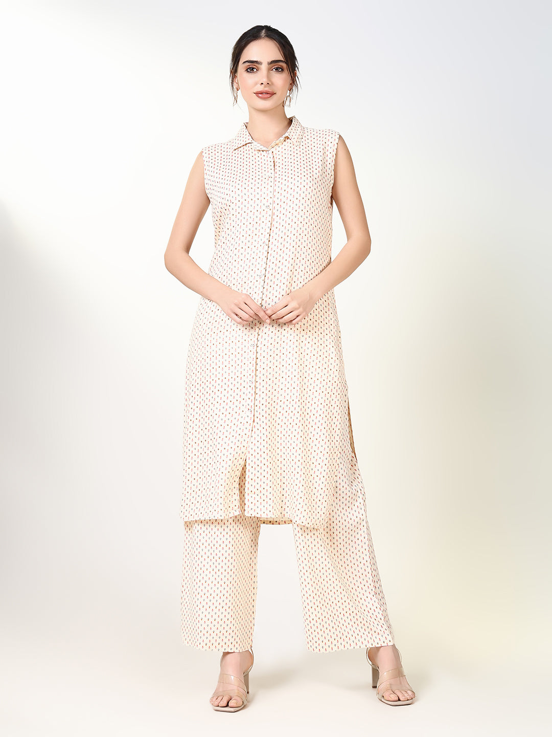 Women Printed Cream A Line Kurta Set