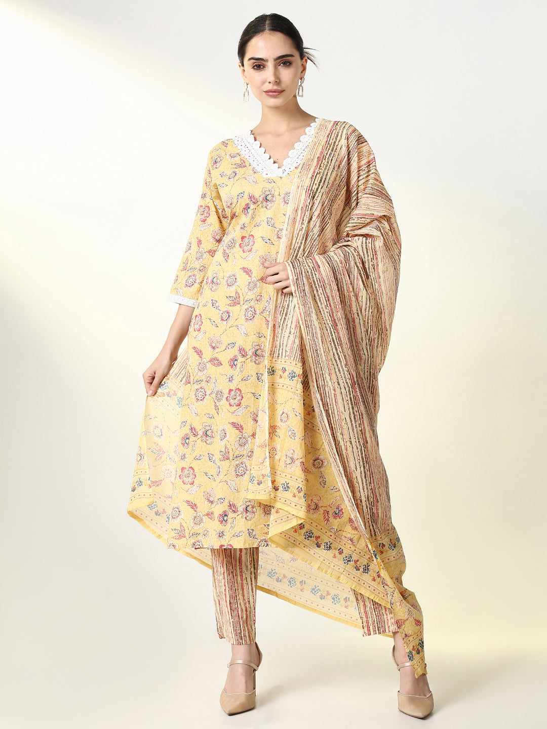 Women Floral Yellow Straight Kurta Set with Dupatta