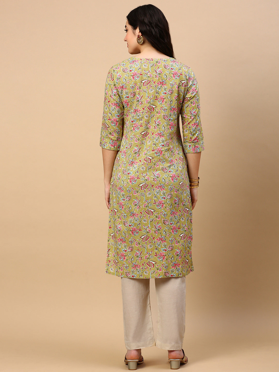 Women Green Floral Straight Kurta