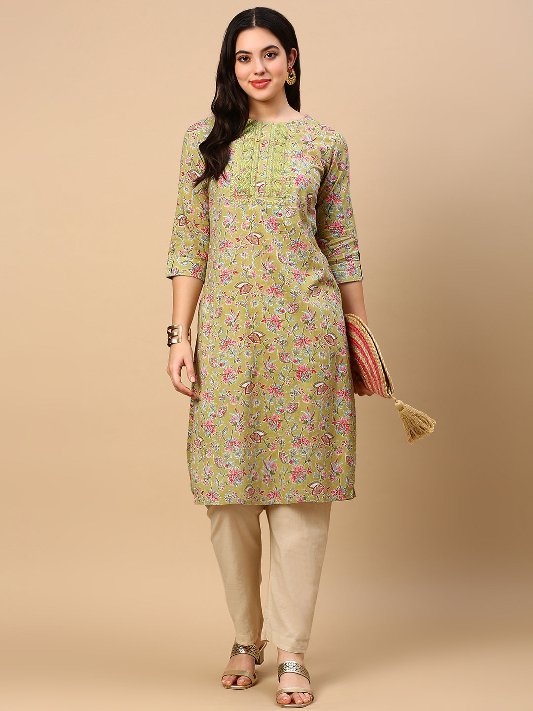 Women Green Floral Straight Kurta