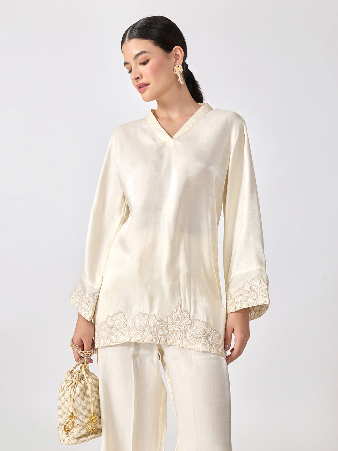 Women’s Floral Embroidered Off White A-Line Kurta Set