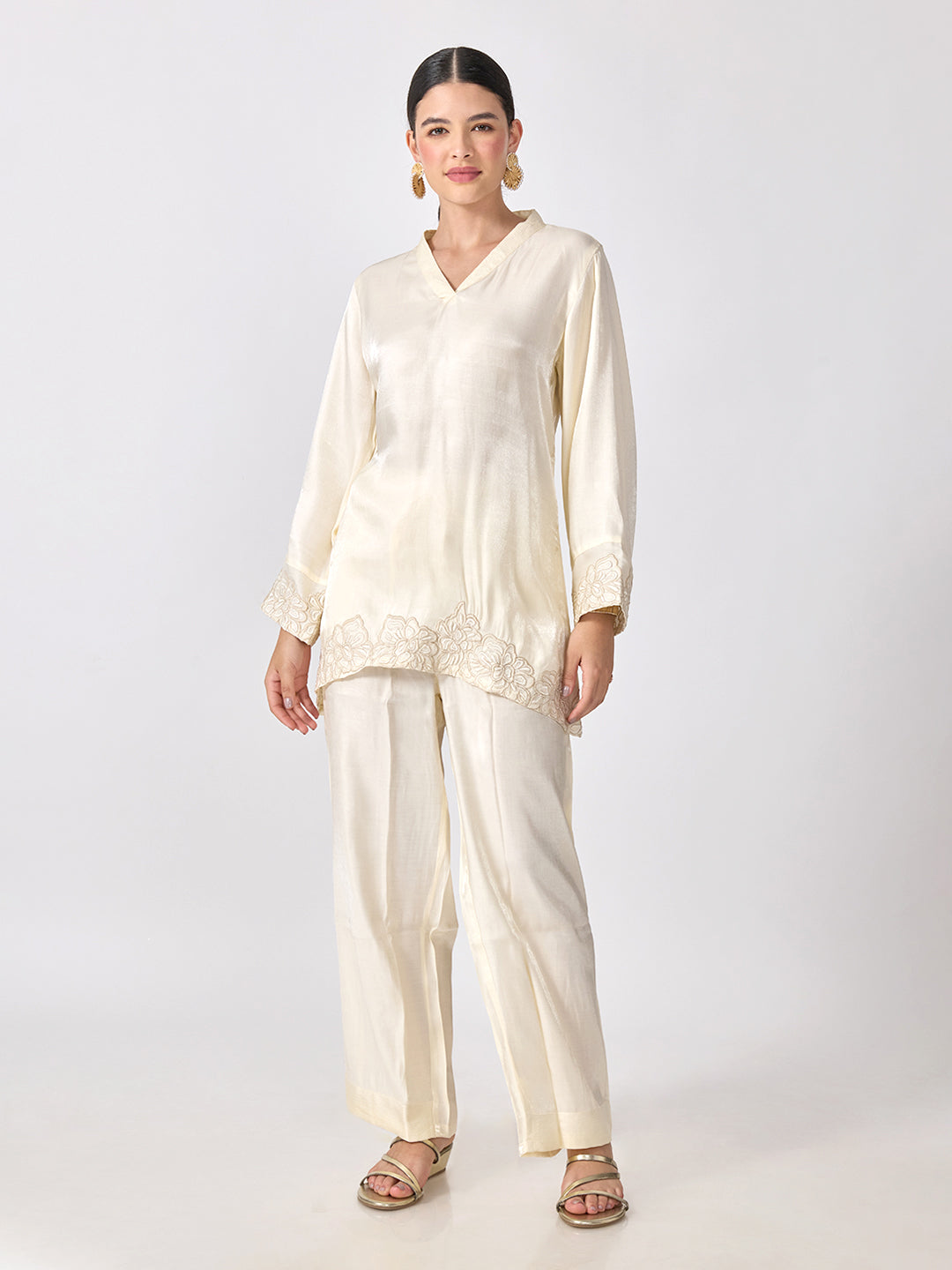 Women’s Floral Embroidered Off White A-Line Kurta Set