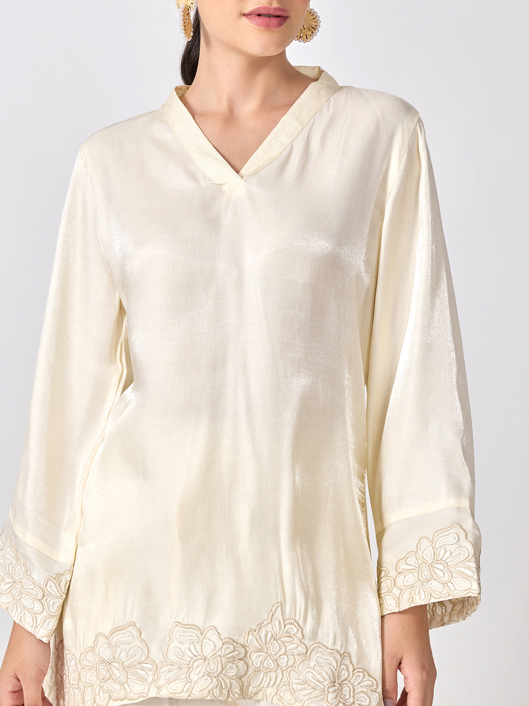 Women’s Floral Embroidered Off White A-Line Kurta Set