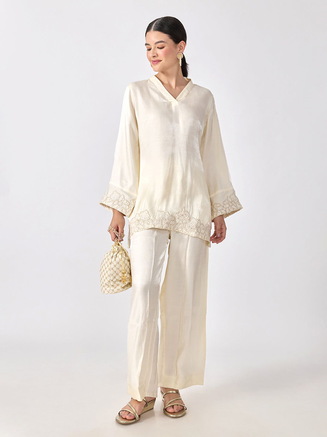 Women’s Floral Embroidered Off White A-Line Kurta Set