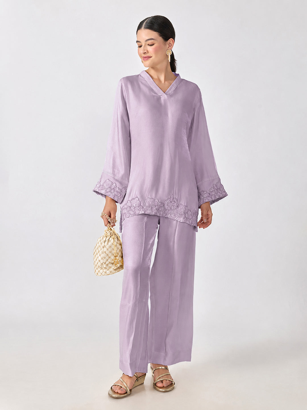 Women’s Floral Embroidered Purple A-Line Kurta Set